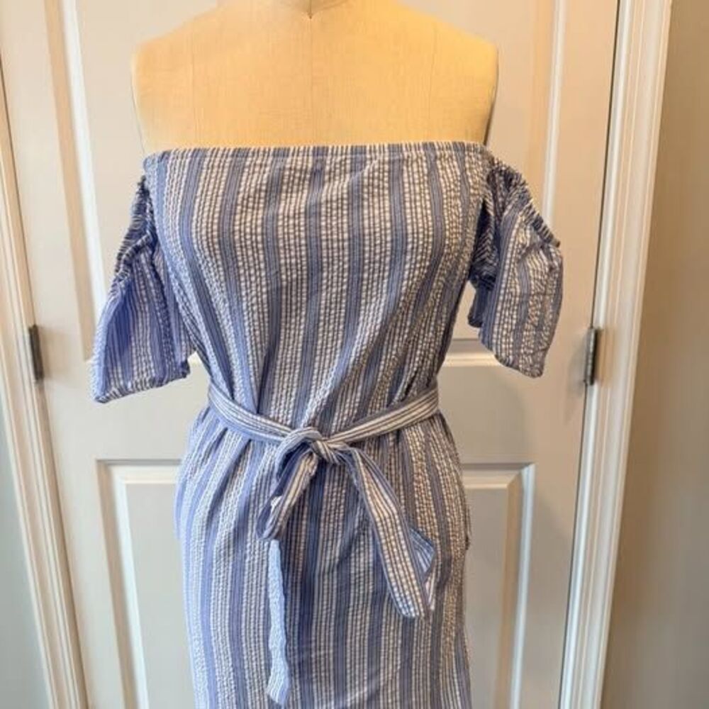 Off Shoulder Striped Mini Dress XS Blue Tie Waist Summer Beach Casual